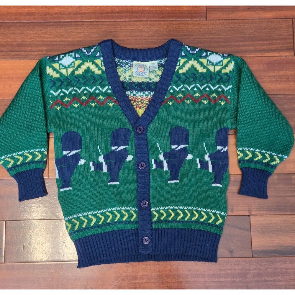 Vintage 90s Kids 3T Toy Soldier Novelty Knit Cardigan Green Navy Blue